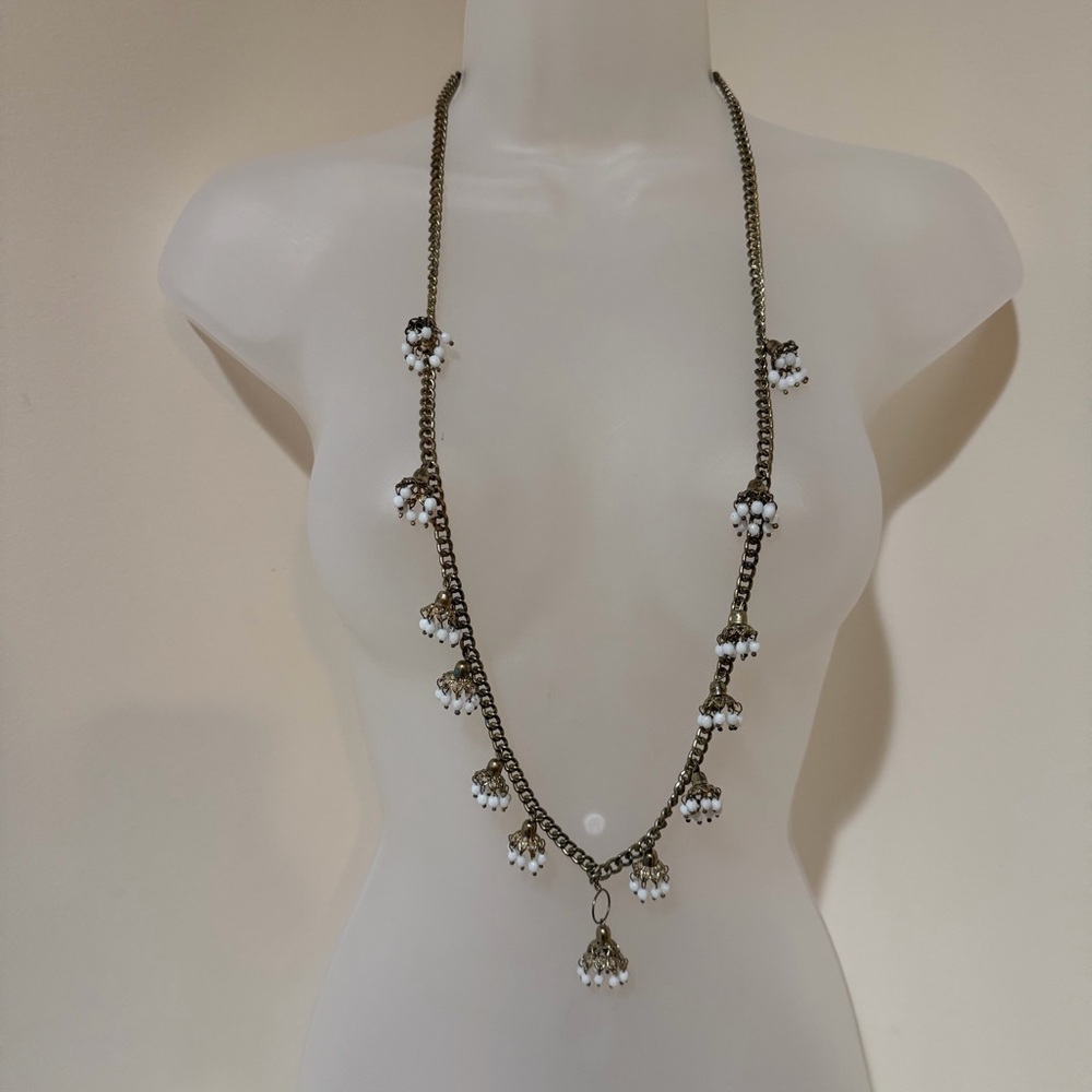 Elegant Antique Gold 20” Long Necklace with White Beaded Cluster Dangles